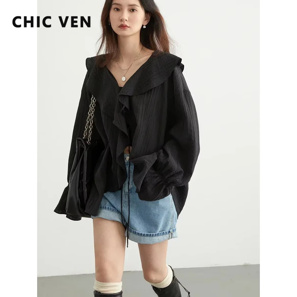 CHIC VEN 여성용 루즈 캐주얼 셔츠, 프릴 가장자리 블라우스, 단색 V넥, 레이스업 중간 길이, 용수철 여름, 2025