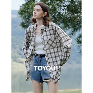 TOYOUTH 여성 긴 소매 블라우스 셔츠 2025 봄 새 코튼 체크 무늬 레트로 턴 다운 칼라 캐주얼 셔츠상의