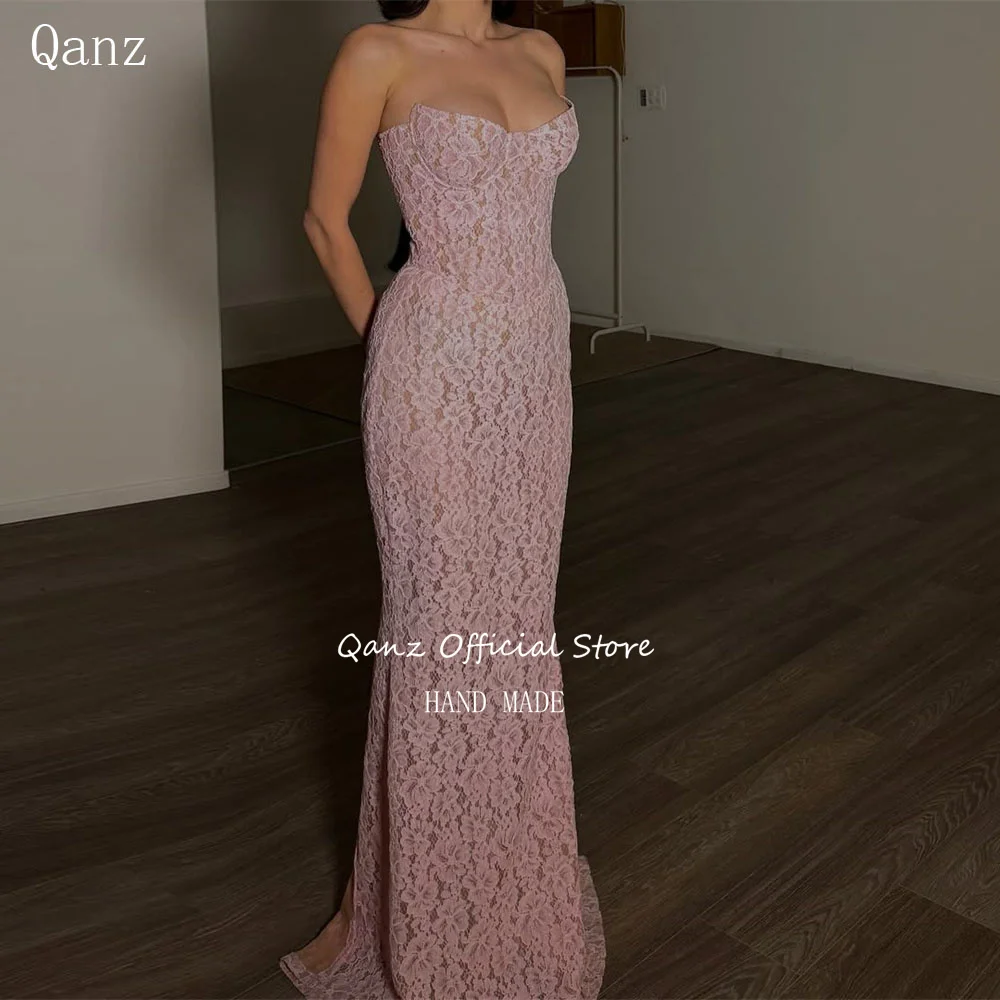 Qanz 매력적인 핑크 전체 레이스 댄스 파티 드레스 특별 행사를위한 여성 이브닝 드레스 인어 Vestidos De Fiesta 맞춤형