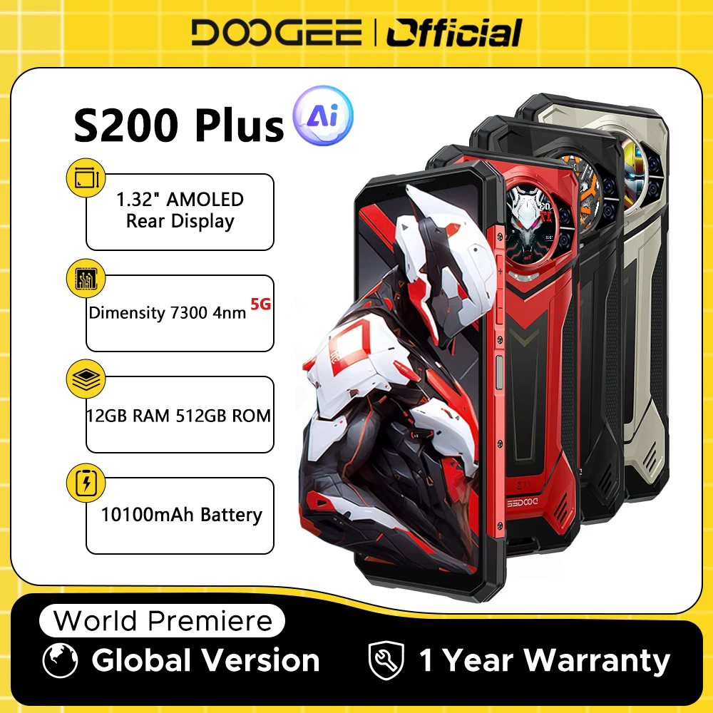 월드 프리미어 DOOGEE S200 Plus 5G AI 견고한 전화기 크기 7300 1.32인치 후면 디스플레이 12+512GB 6.72인치 10100mAh 배터리 스마트폰
