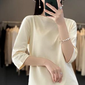 Mercerized Cotton Cropped Sleeve 여성 봄, 여름 2023 새로운 라운드 넥 느슨한 100% 코튼 반팔 Bottoming 티셔츠