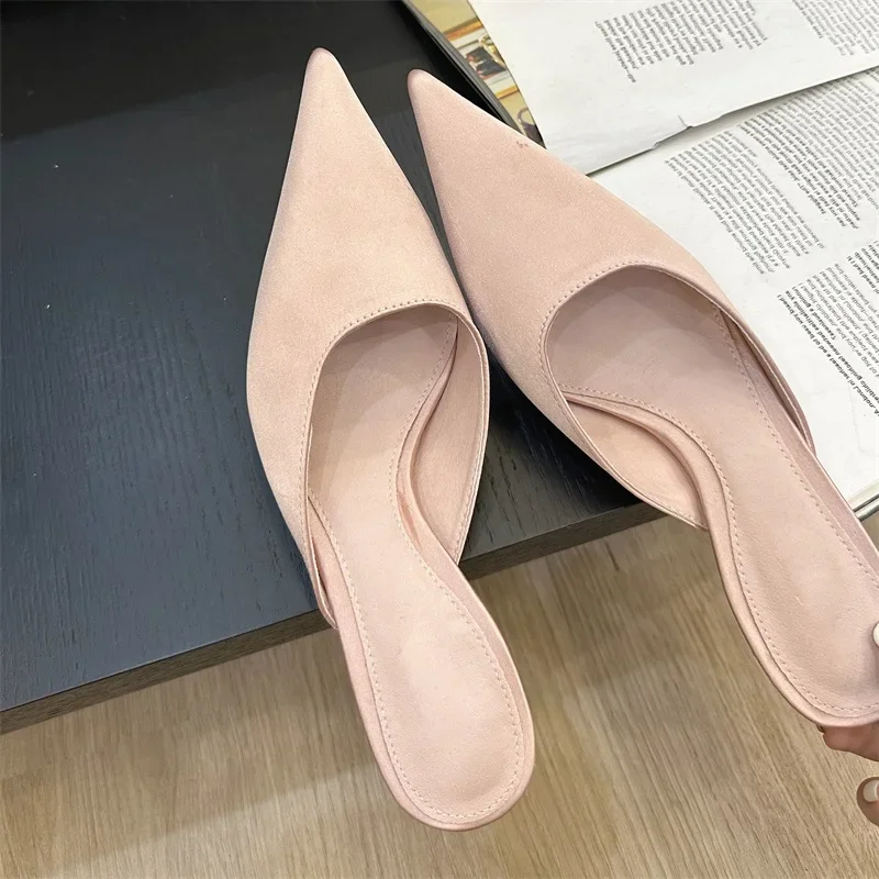 Eilyken 여성용 얇은 로우 힐, 간결한 포인티드 토 슬리퍼, 파티 펌프 뮬 슬라이드 슈즈, 여름 패션, 2025 신상