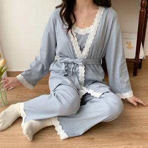 레이스 패치워크 코튼 임산부 간호 잠옷, 우아한 느슨한 잠옷 세트, 임신용 여성 홈 수면 라운지 착용, 3 개 세트