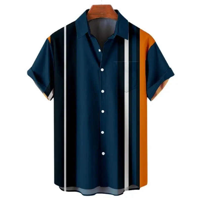 하와이 남성용 스트라이프 셔츠 블라우스 남성용 Camisa Social 반팔 캐주얼 탑 오버 사이즈 체육관 의류 패션 남성 빈티지