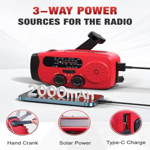 캠프용 LED 손전등이 있는 비상 태양열 핸드 크랭크 태양열 라디오, AM/FM 휴대용 라디오 2000mAh 보조베터리 충전 조명