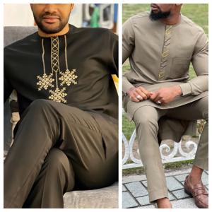 Kaftan 새로운 가을, 겨울 남성 정장 2 피스 정장 긴팔 수 놓은 아프리카 스타일의 전통 의류 남성 정장