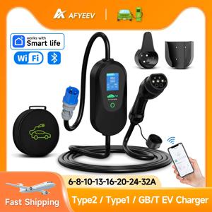 AFYEEV 휴대용 EV 충전기, GB/T 전기차 충전기, EVSE 충전 케이블, 와이파이 블루투스 앱 제어, 32A 7.2KW, 2 타입 1