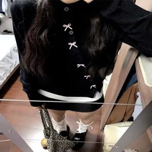 블랙 니트 카디건 여성용 라운드넥 긴팔 일반 길이 단색 블랙 한국 스타일 레이어드 내의 니트 카디건 니트 코트 카디건