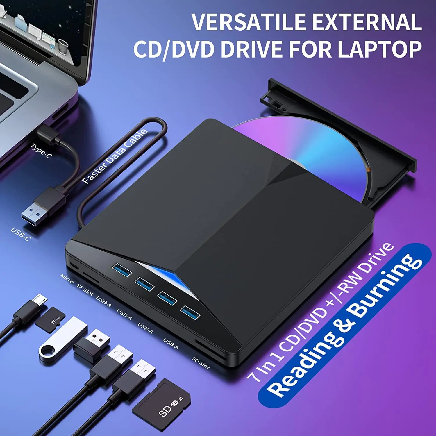 7-in-1 USB 3.0 Type-c 외부 DVD RW CD 드라이브 버너 리더 플레이어 광학 드라이브 외부 PC 노트북 데스크탑 IMacs