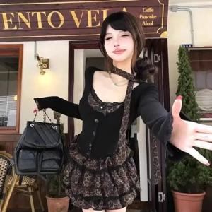 Y2k 섹시한 레트로 펑크 세트 여성 새 정장 스카프 긴 소매 탑 하이 웨이스트 슬리밍 케이크 스커트 투피스 세트