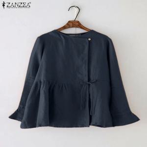 빈티지 긴 소매 셔츠 ZANZEA 여성 블라우스 봄 패션 솔리드 작업 탑 튜닉 캐주얼 홀리데이 블라우스 레이스 업 Chemise Mujer