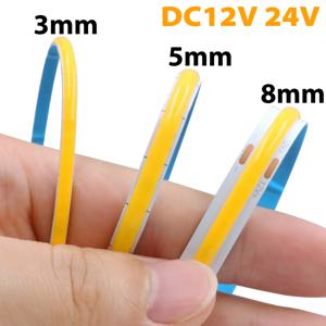 3mm 5mm 8mm 너비 COB LED 스트립 조명 DC 12V 24V 384LED/m 고밀도 룸 선형 디밍 가능 유연한 테이프 3000K 4000K 6000K