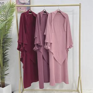 Khimar Abaya 여성용 주름 원단 스모크 커프 원피스 + 2 단 히잡 스카프, 이슬람 질밥 기도복, 라마단 무슬림 세트