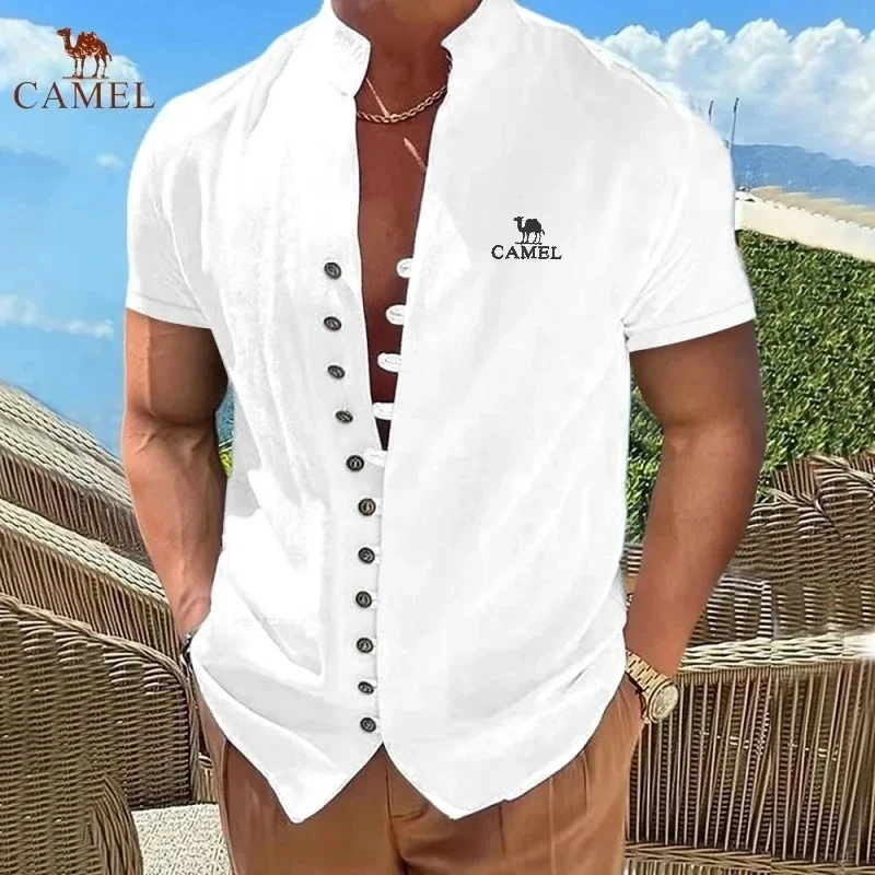 카멜 자수 빈티지 100% 코튼 린넨 폴로 셔츠, 하이엔드 여름 남성 패션 트렌드 캐주얼 스포츠 반팔 셔츠