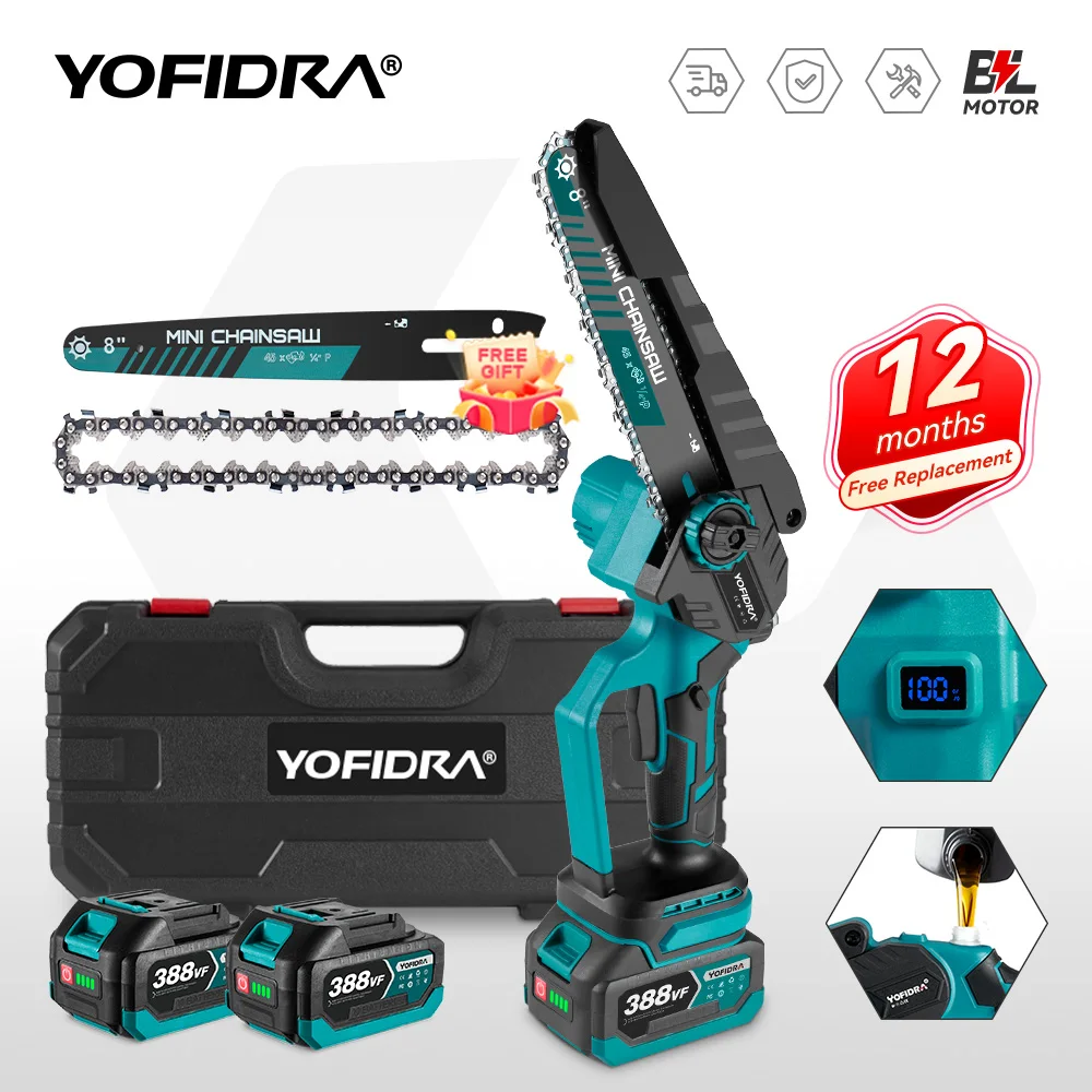 YOFIDRA 8 인치 전기 톱 40000RPM 디지털 디스플레이 무선 효율적인 정원 로깅 전기 톱 18V 배터리