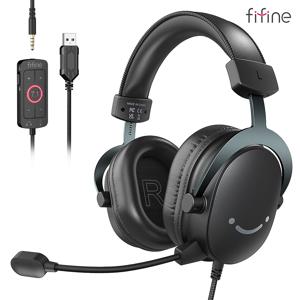 FIFINE 헤드셋, PC/MAC/PS4/PS5 Mixer-H9용 7.1 서라운드 사운드/볼륨 제어/음소거 스위치가 있는 3.5mm 잭 및 USB 헤드폰