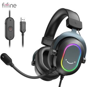 Fifine 다이나믹 RGB 게임용 헤드셋(마이크 포함) 오버이어 헤드폰 7.1 서라운드 사운드 PC PS4 PS5 3 EQ 옵션 게임 영화 음악