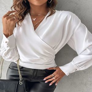 섹시한 V 넥 긴 소매 셔츠 블라우스 Office Lady 봄 여름 패션 여성을위한 우아한 솔리드 화이트 블라우스 2024 여성상의