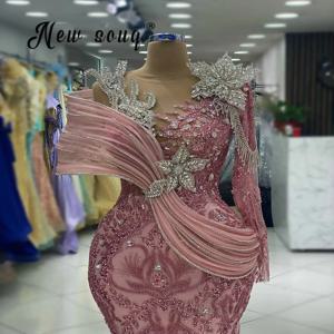 Vestidos De Fiesta 블러쉬 핑크 긴 소매 댄스 파티 드레스 Ruched Mermaid Beading 웨딩 게스트 드레스 여성 플러스 사이즈 맞춤형
