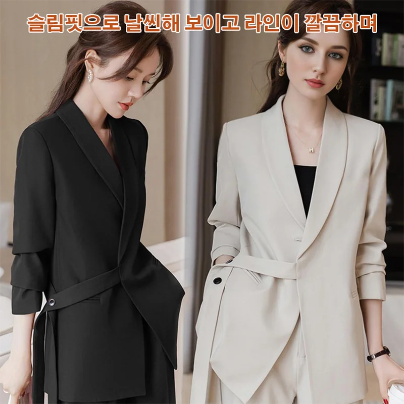 여성 캐주얼 정장 자켓 블랙/화이트 통기 정장바지 편안 오피스룩 여성정장세트 빅사이즈 S~3XL 가을 신상  루즈핏 캐주얼 세트