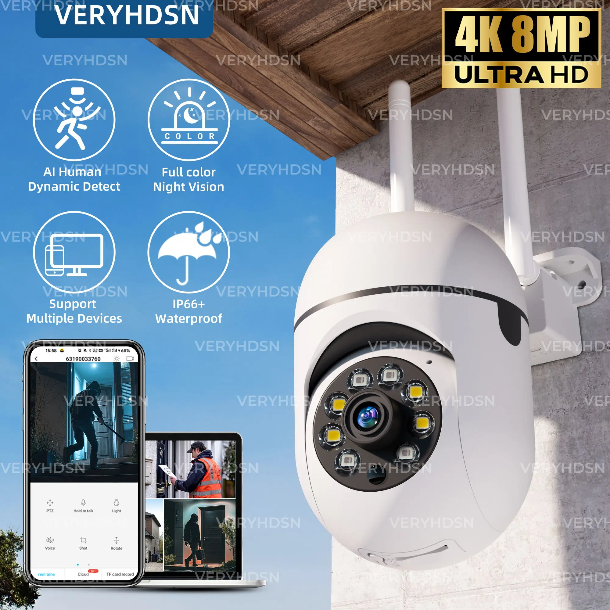 8MP 무선 보안 감시 PTZ 카메라 Wifi IP 야외 4X 줌 카메라 AI 인간 추적 양방향 오디오 HD 야간 컬러 캠
