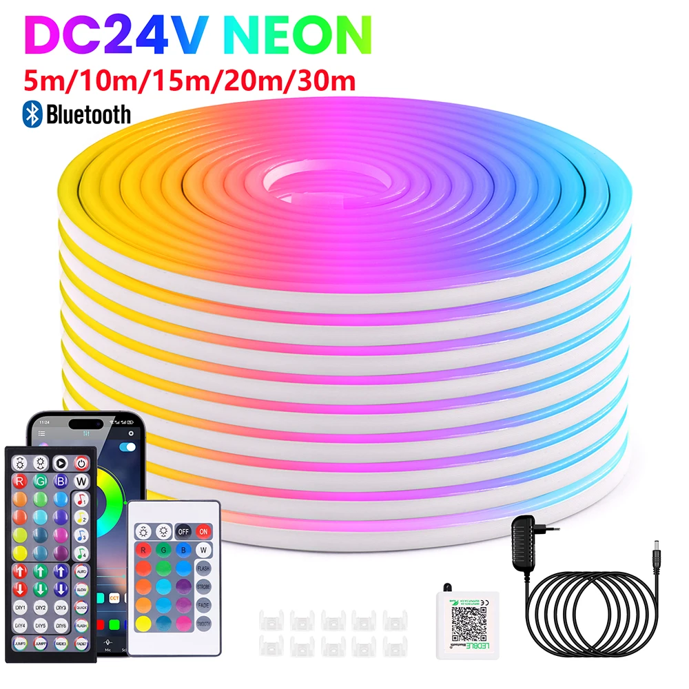 LED 네온 스트립 라이트 블루투스 앱 24 키 44 키 리모컨 음악 동기화 전원 키트, 60LED 방수 장식, 24V RGB 5m 10m 20m 30m