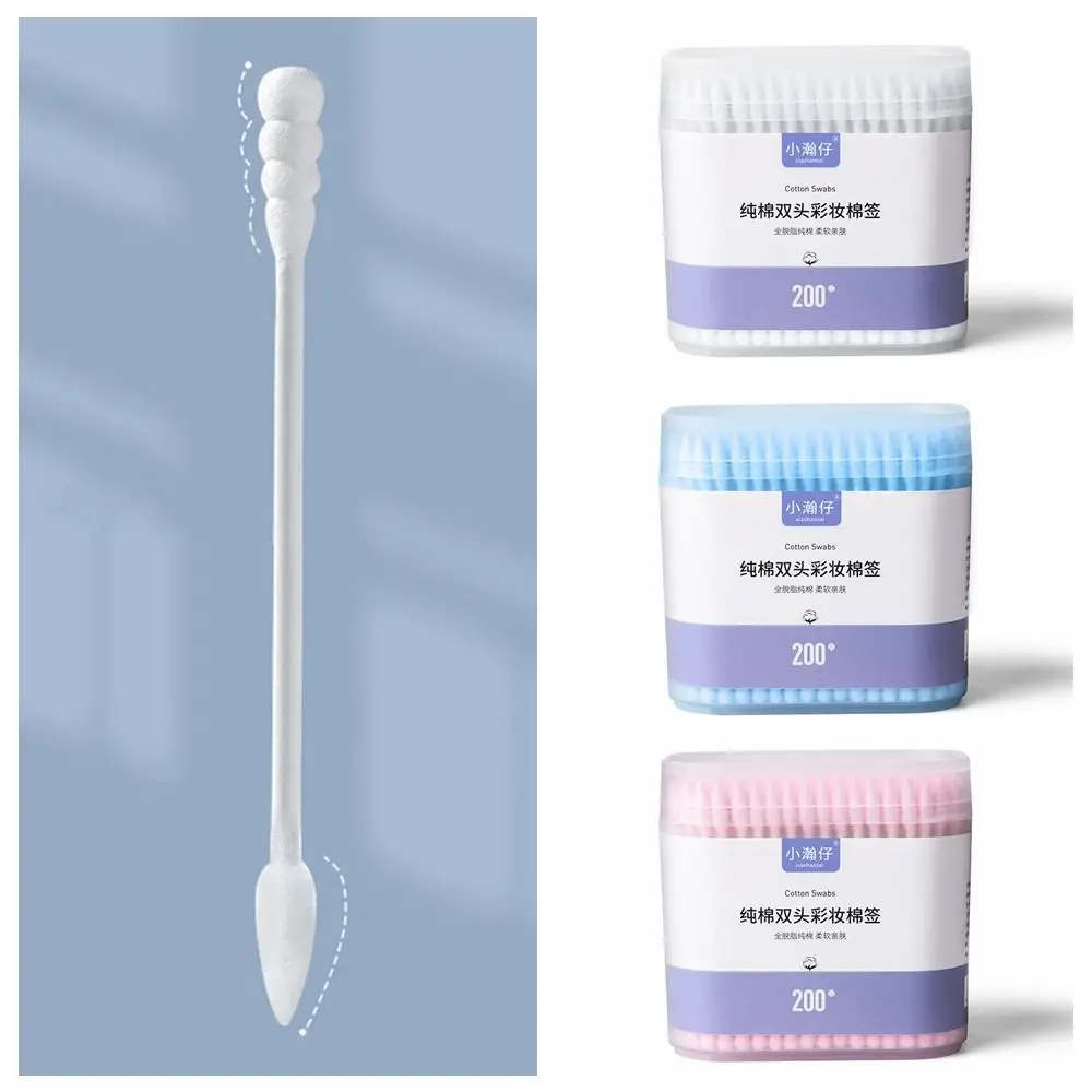 소프트 컬러 메이크업 리무버 코튼 면봉, 나선형 팁, 일회용 더블 헤드 면봉, 다기능 습식 및 건식 면봉, 박스 당 200 개