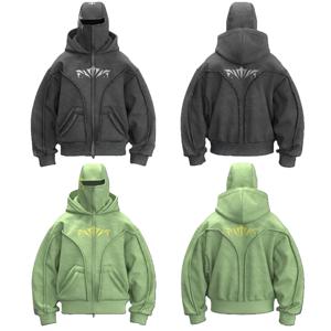 Y2K 닌자 까마귀 고딕 트렌디 더블 모자 디자인 기능성 streetwear 빈티지 하이 스트리트 남성 여성 오버 사이즈 캐주얼 풀오버
