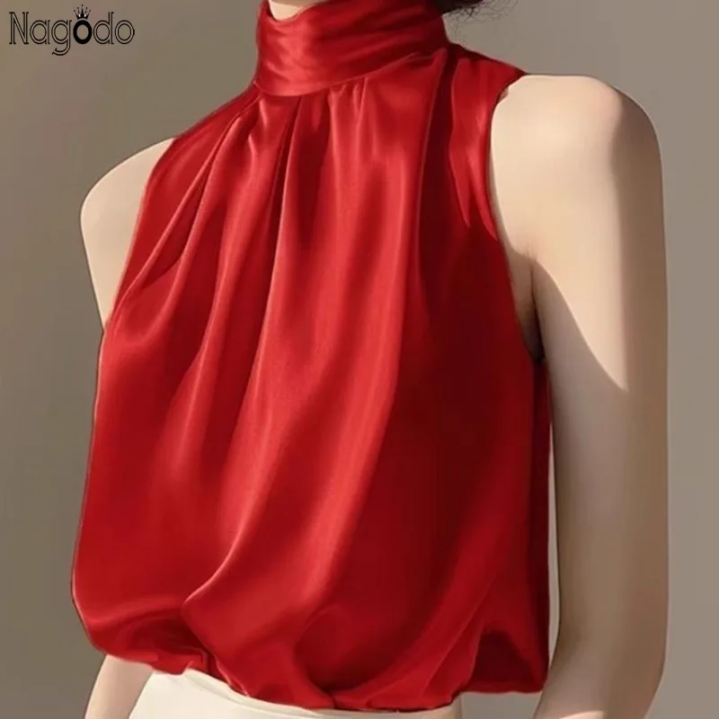 2025 실키 새틴 민소매 자르기 탑 여름 하프 터틀넥 여성 풀오버 티 홀터 조끼 레이디 루즈 셔츠 레드 파티 블라우스