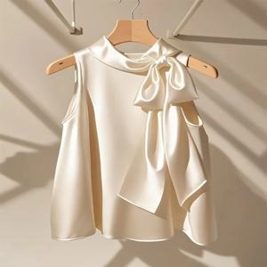 2024 Camisas De Mujer 여성용 한국 블라우스 민소매 붕대 보우 셔츠 기질 탑 루즈 빈티지 여름 블라우스 63b474