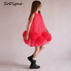 SoDigne 3D 꽃 A 라인 얇은 명주 그물 꽃 소녀 원피스 O-넥 민소매 스커트, 소녀 파티 드레스, 2025 어린이 가운, 맞춤형