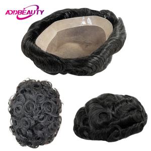 남자 Toupee 파인 모노 NPU 인간의 자연 헤어 피스 스트레이트 웨이브 인간의 머리 가발 25mm 컬 남자 모세관 보철 자연 색상