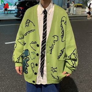 Abfer 가을 특대 카디건 남성 니트 공룡 스웨터 streetwear 느슨한 남성 여성 코트 2021 낙서 힙합 패턴 겨울