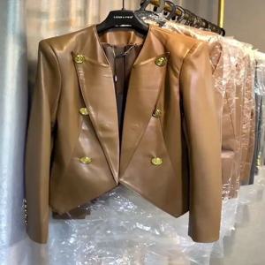 HIGH STREET 최신 2024 디자이너 재킷 여성용 더블 브레스트 인조 가죽 블레이저