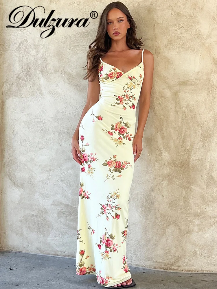Dulzura 섹시한 Y2K 옷 꽃 프린트 민소매 Backless Bodycon 맥시 드레스 여성용 2023 클럽 생일 파티 우아한 복장
