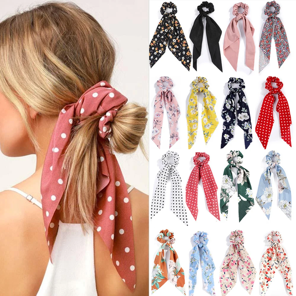 2023 패션 인쇄 쉬폰 긴 리본 Scrunchies 여자 여자 포니 테일 스카프 탄성 헤어 밴드 넥타이 헤어 액세서리 도매