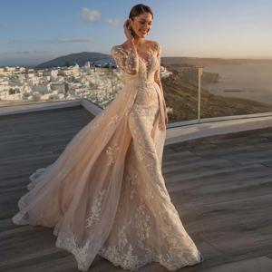 화려한 분리형 2 In 1 웨딩 드레스 기차와 그물에 수 놓은 레이스 Oneck Fullsleeve 빈티지 신부 가운 Vestido De Novia