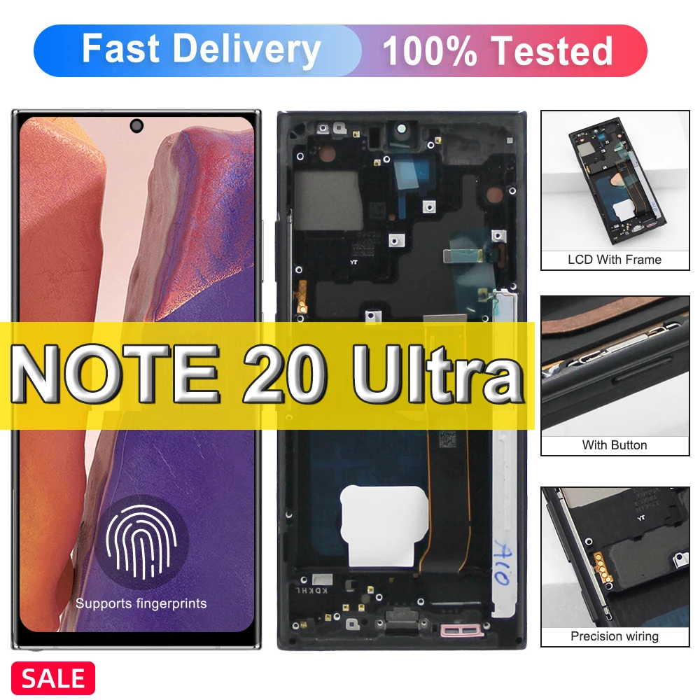 Amoled Note 20 울트라 스크린, 삼성 갤럭시 노트 20 울트라 디스플레이 N986B/DS N986U 터치 스크린 디지타이저 교체 + 프레임