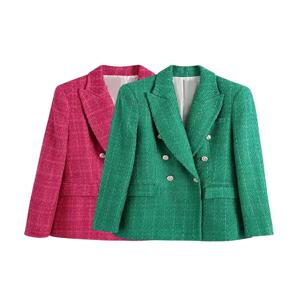 TRZA 여성 패션 더블 브레스트 트위드 그린 블레이저 코트 빈티지 긴 소매 플랩 포켓 여성 겉옷 Chic Veste