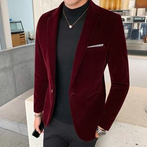 남자 웨딩 신랑 가수 의상 슬림 블레이저 정장 드레스 부르고뉴 벨벳 블레이저 남성용 패션 캐주얼 정장 재킷 5XL