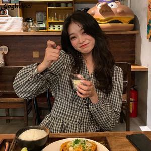 여성용 V넥 셔츠, 한국 스타일 프릴, 달콤한 패션, 용수철 가을, 올매치 크롭, 빈티지, 시크, 캐주얼 격자 무늬