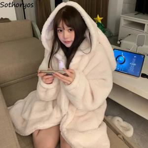 흰 가운 여성 Kawaii 토끼 귀 후드 잠옷 Thicken Sweet Girlish 긴 소매 목욕 가운 따뜻한 부드러운 산호 양털 홈