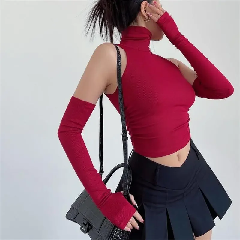 2025 New Spicy Girls Y2k 탑 오버 슬리브 섹시한 터틀넥 탱크 탑 여성용 슬림 피트 짧은 티셔츠 스키니 스트리트웨어 크롭 탑
