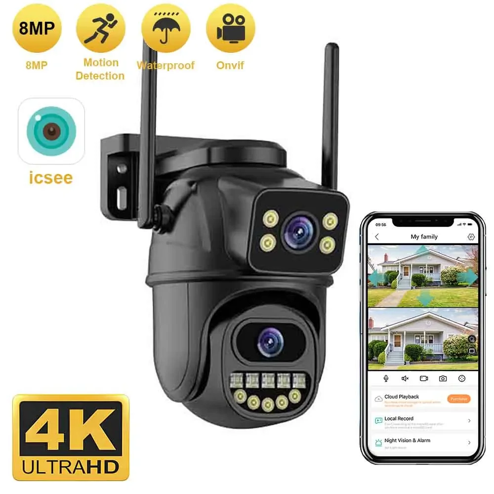 4K 8MP HD Wifi PTZ 카메라 야외 4MP 듀얼 렌즈 듀얼 스크린 AI 자동 추적 IP 카메라 CCTV 오디오 비디오 감시 P2P iCSee