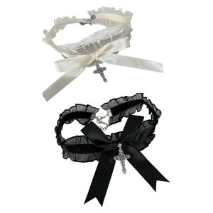 레이스 프릴 초커 목걸이 귀여운 Bowknot 십자가 펜던트 칼라 Neckwear 할로윈 고딕 의상 보석 여성을위한 선물