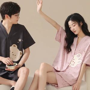 연인 파자마 세트, 코튼 만화 귀여운 잠옷, 남녀공용 홈웨어, 기모노 파자마, 얇은 파자마, 커플 PJS 라운지웨어, 여름