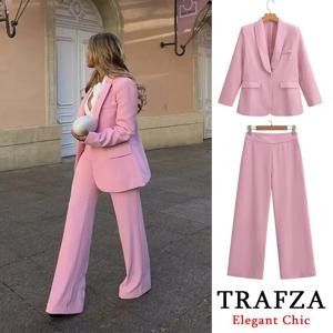 TRAFZA 새로운 도착 우아한 핑크 여성 정장 세련된 바지와 싱글 버튼 블레이저 봄 가을 패션 블레이저 정장