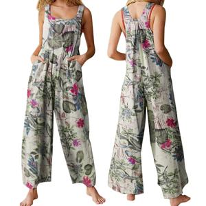 Combhasaki 여성용 S-3XL 코튼 및 린넨 점프수트, 잎 꽃 프린트 스퀘어 넥 민소매 캐주얼 루즈 오버롤, 주머니가 있는