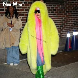 네오 민트 여성 럭셔리 브랜드 활주로 패션 긴 후드 가짜 모피 코트 자켓 인 Nicki Minaj 네온 그린 Chunky Overcoat Outerwear