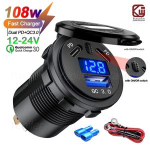 Kewig 12V USB 콘센트 108W 듀얼 PD USB-C 포트 빠른 충전 3.0 자동차 USB 충전기 소켓 전압계 스위치가있는 방수 전원 콘센트